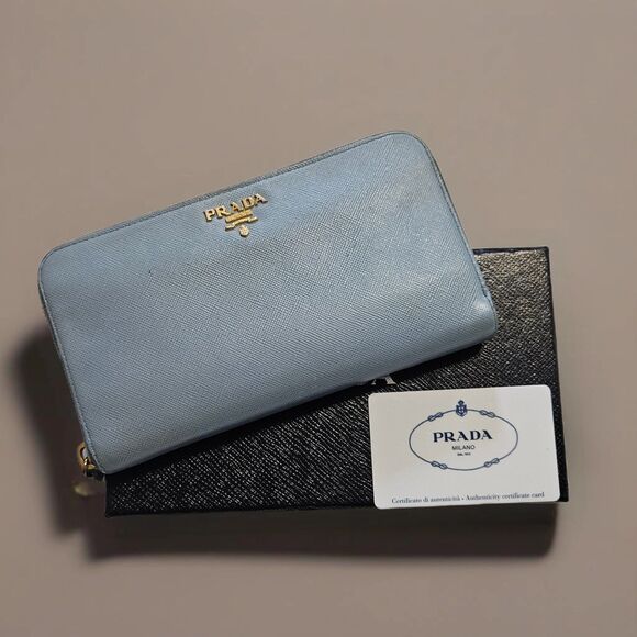 Prada (Authentic) Baby Blue Saffiano Leather Continental Zippy Long Wallet & Box - Picture 1 of 10